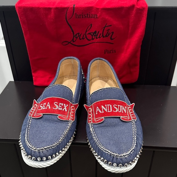 Christian Louboutin Blue Denim Loafers with Red Accents - Picture 1 of 4